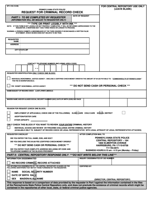Fillable Form Sp 4 164 Request For Criminal Record Check