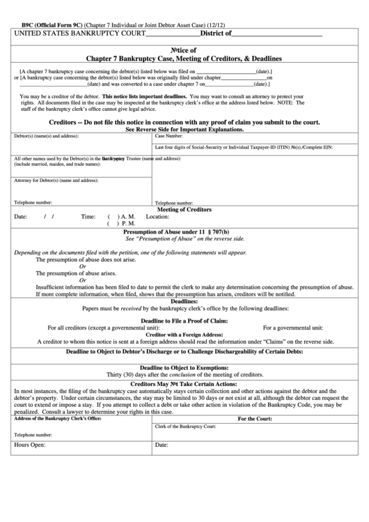 Official Form 9c - Notice Of Chapter 7 Bankruptcy Case, Meeting Of Creditors, & Deadlines 2012 Printable pdf