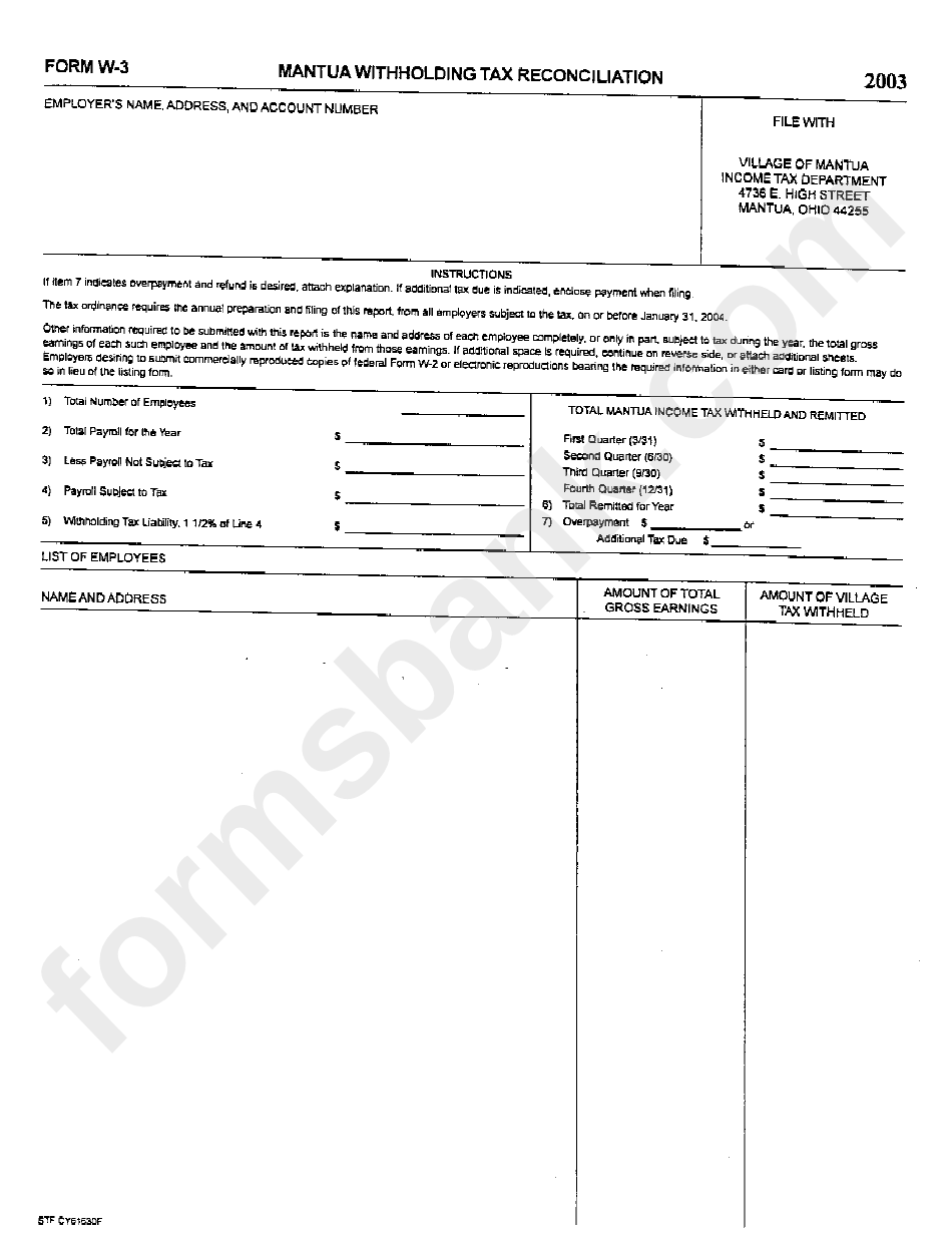 Form W-3 - Mantua Withholding Tax Reconciliation - 2003