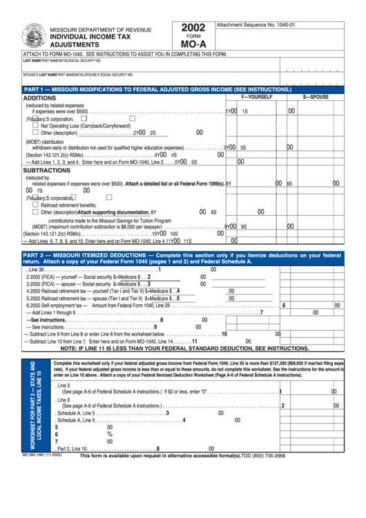 Form Mo-A - Individual Income Tax Adjustments - 2002 Printable pdf