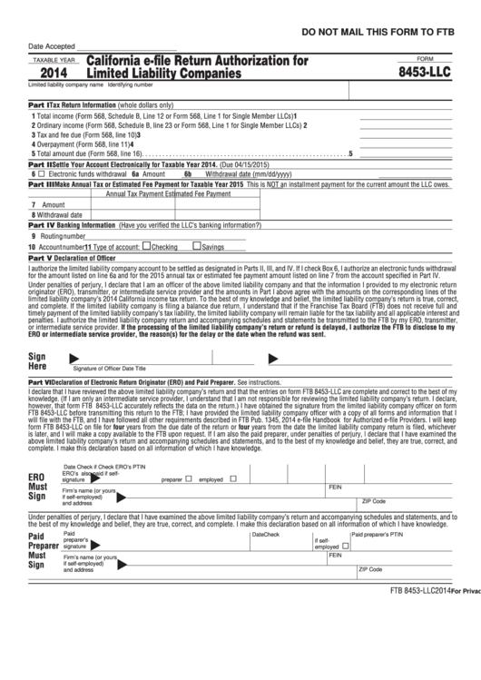Fillable Form Ftb 8453-Llc - California E-File Return Authorization For Limited Liability Companies - 2014 Printable pdf