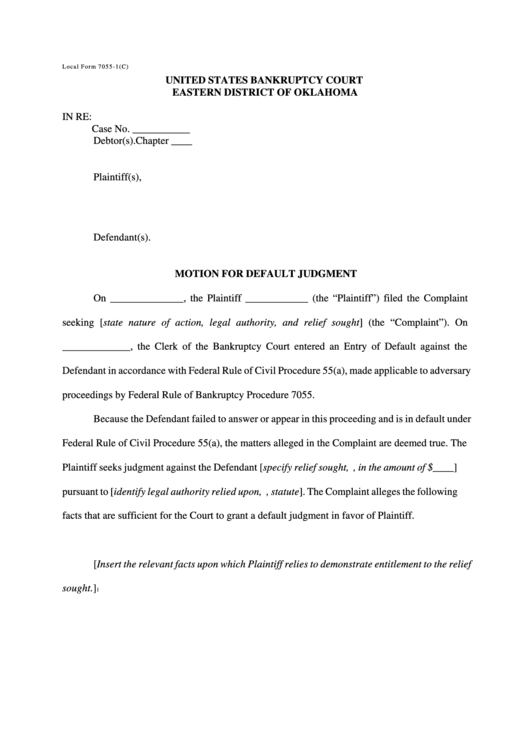 Form 7055-1(C) - Motion For Default Judgment - U.s. Bankruptcy Court Printable pdf