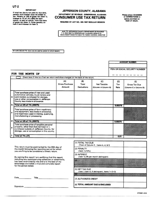 Form Ut-2 - Consumer Use Tax Return Printable pdf
