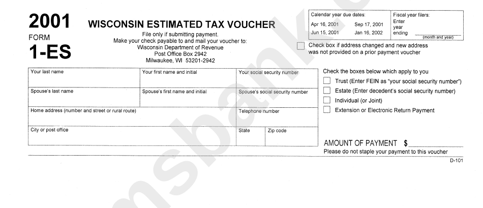 Form 1-Es - Wisconsin Estimated Tax Voucher - 2001 printable pdf download