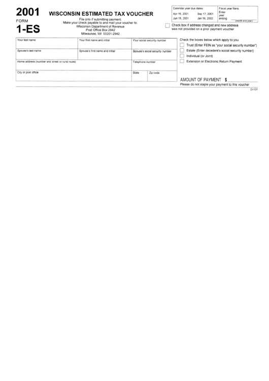 Form 1-Es - Wisconsin Estimated Tax Voucher - 2001 Printable pdf