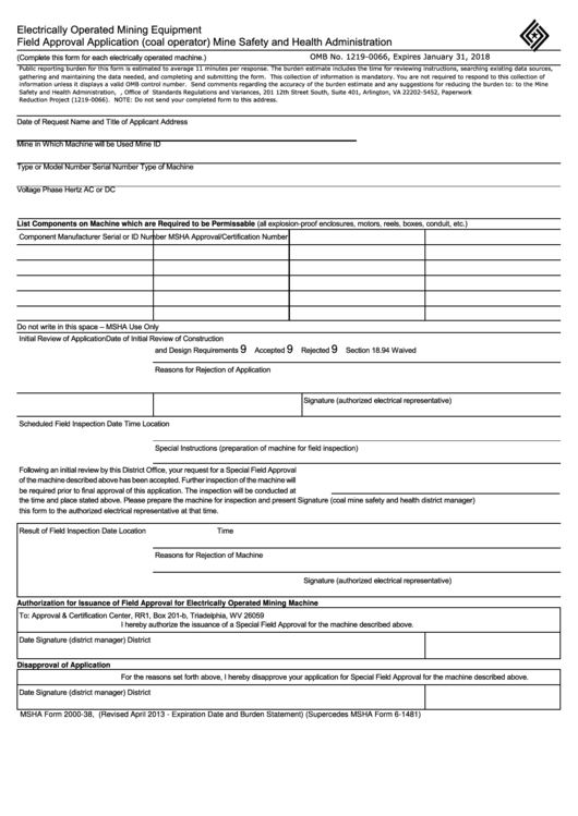 Fillable Form 2000-38 - Electrically Operated Mining Equipment Field Approval Application (Coal Operator) Printable pdf