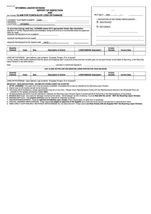 Form Wld-210 - Report Of Inspection And Claim For Concealed Loss Or Damage Printable pdf
