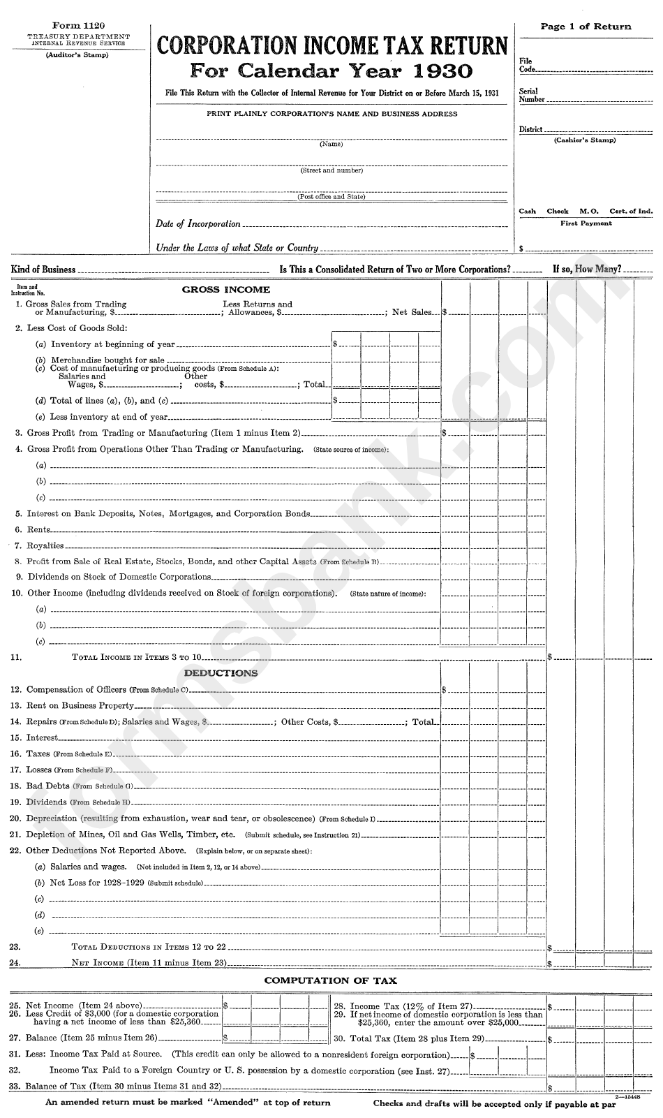 Form 1120 - Corporation Income Tax Return - 1930