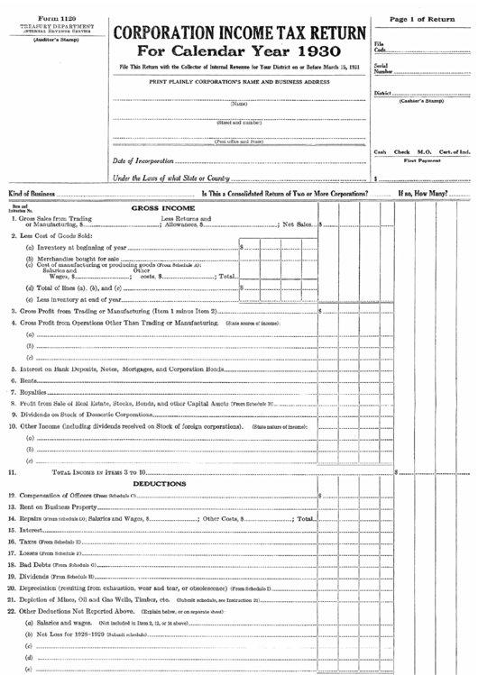 Form 1120 - Corporation Income Tax Return - 1930 Printable pdf