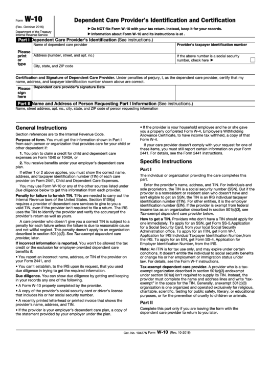Fillable Form W-10 - Dependent Care Provider