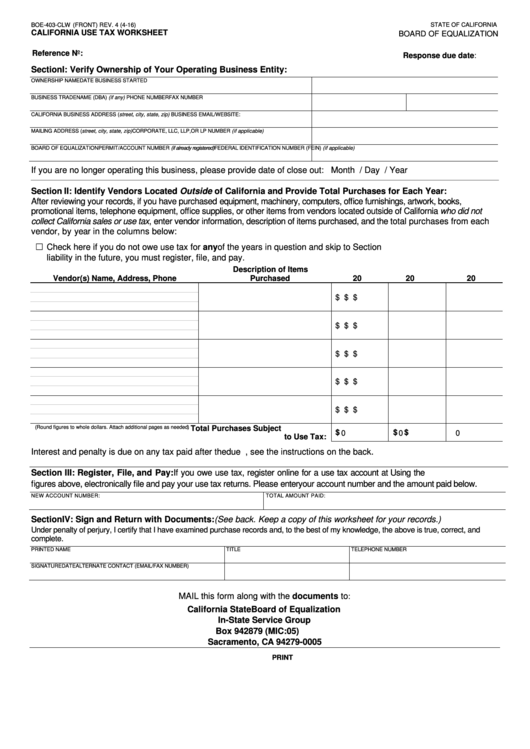 Fillable Form Boe-403-Clw - California Use Tax Worksheet Printable pdf