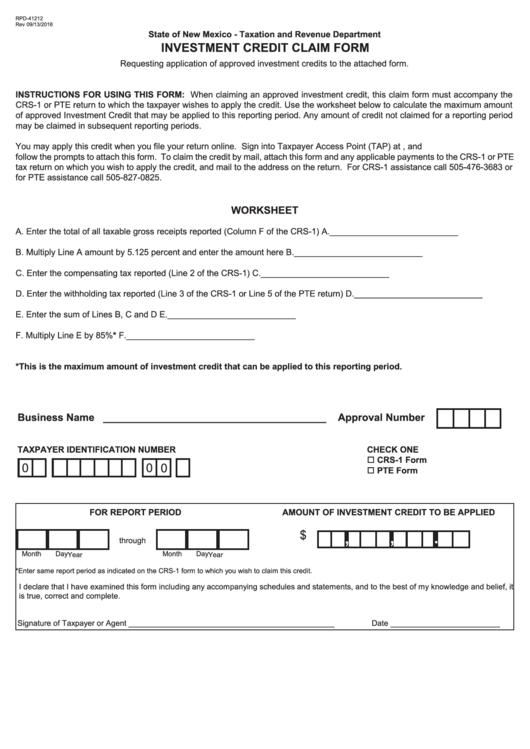 Form Rpd-41212 - Investment Credit Claim Form Printable pdf