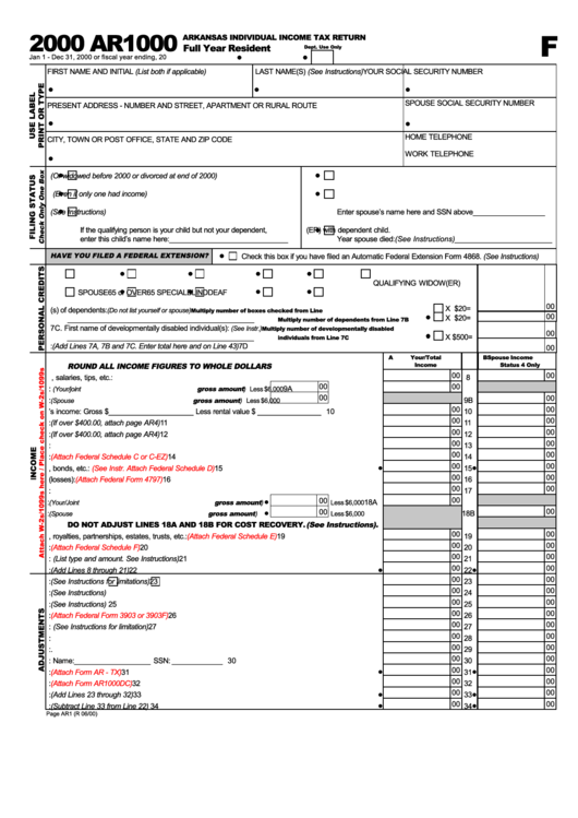 Form Ar1000 - Arkansas Individual Income Tax Return Full Year Resident - 2000 Printable pdf