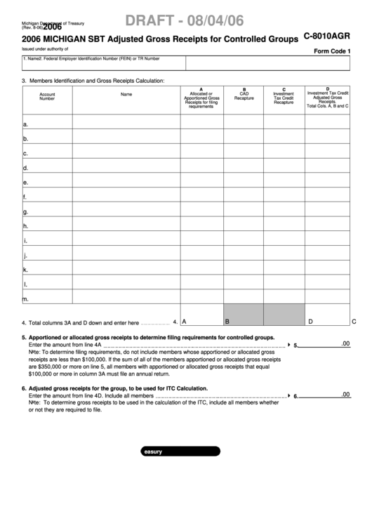 Form C-8010agr Draft - Michigan Sbt Adjusted Gross Receipts For Controlled Groups - 2006 Printable pdf