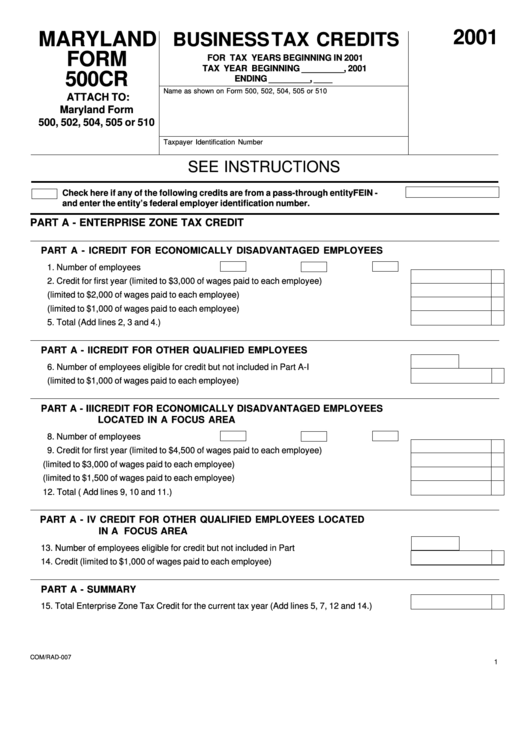 Fillable Form 500cr - Maryland Business Tax Credits - 2001 Printable pdf