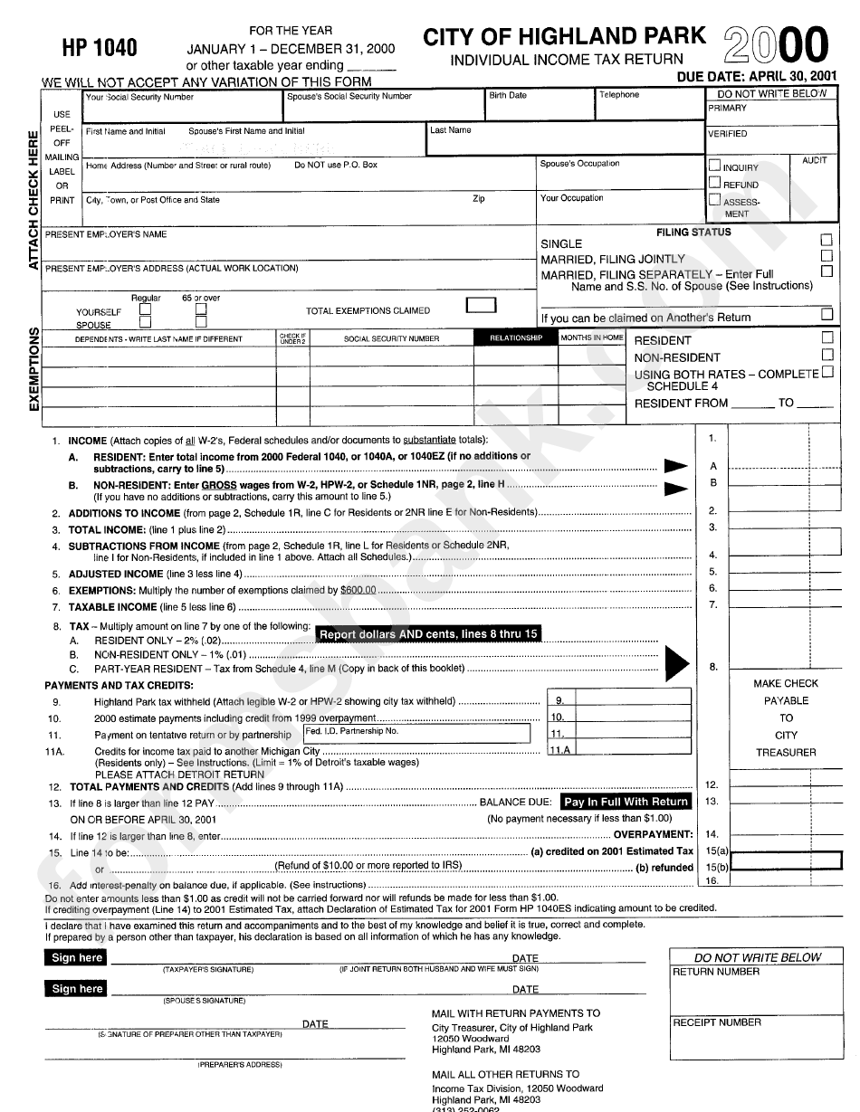 Form Hp1040 - City Of Highland Park Individual Income Tax Return - 2000 ...