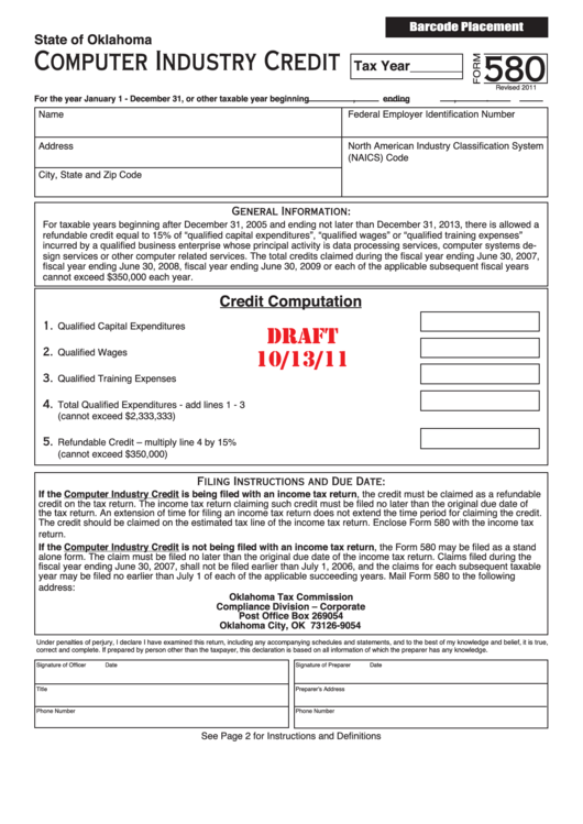 Form 580 Draft- Computer Industry Credit - State Of Oklahoma 2011 Printable pdf