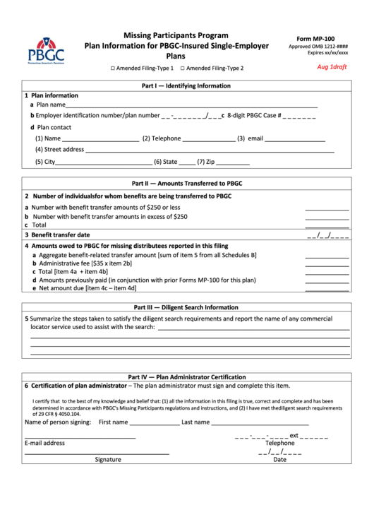 Form Mp-100 - Missing Participants Program Plan Information For Pbgc-Insured Single-Employer Plans Printable pdf