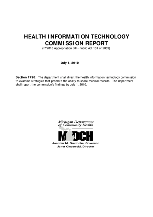 Heath Information Technology Commission Report - Fy2010 Appropriation Bill - Michigan Department Of Community Health Printable pdf