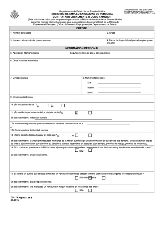 Form Ds-174 - Solicitud De Empleo En Calidad De Personal Contratado Localmente O Como Familiar Printable pdf