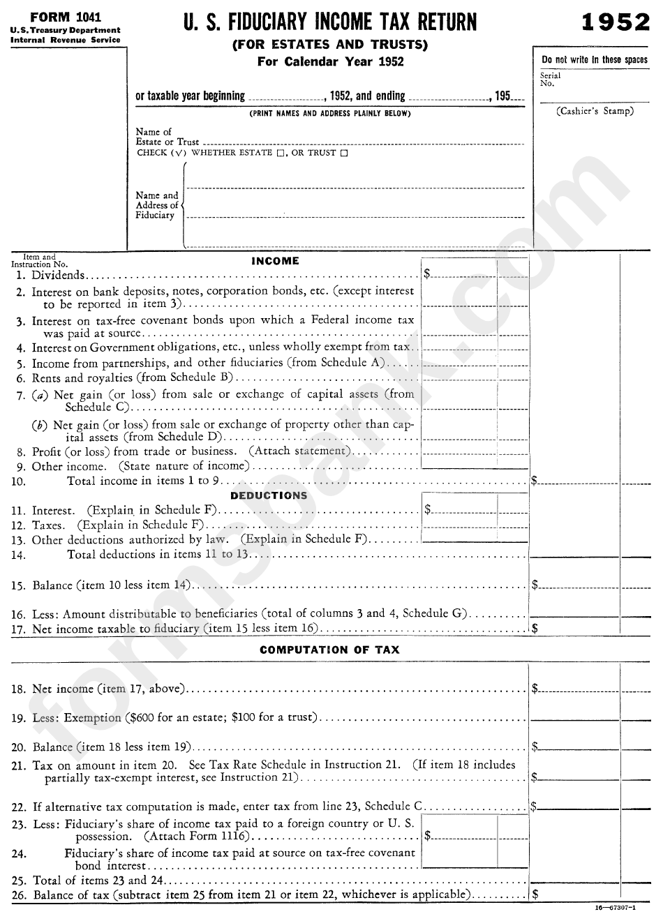 Form 1041 - U.s. Fiduciary Income Tax Return (For Estates And Trusts) - 1952