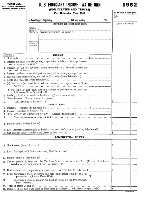 Form 1041 - U.s. Fiduciary Income Tax Return (For Estates And Trusts) - 1952 Printable pdf