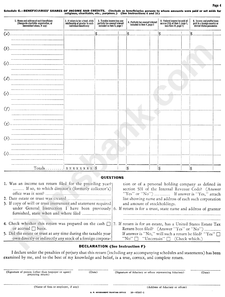 Form 1041 - U.s. Fiduciary Income Tax Return (For Estates And Trusts) - 1952