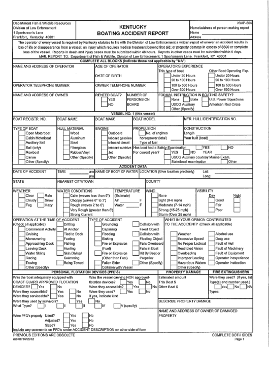 Form Kwp-504 - Kentucky Boating Accident Report Printable pdf