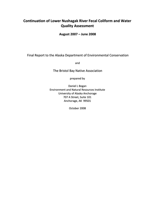 Draft Final Report Acwa-08-05 - Continuation Of Lower Nushagak River Fecal Coliform And Water Quality Assessment - Alaska Department Of Environmental Conservation - 2008 Printable pdf