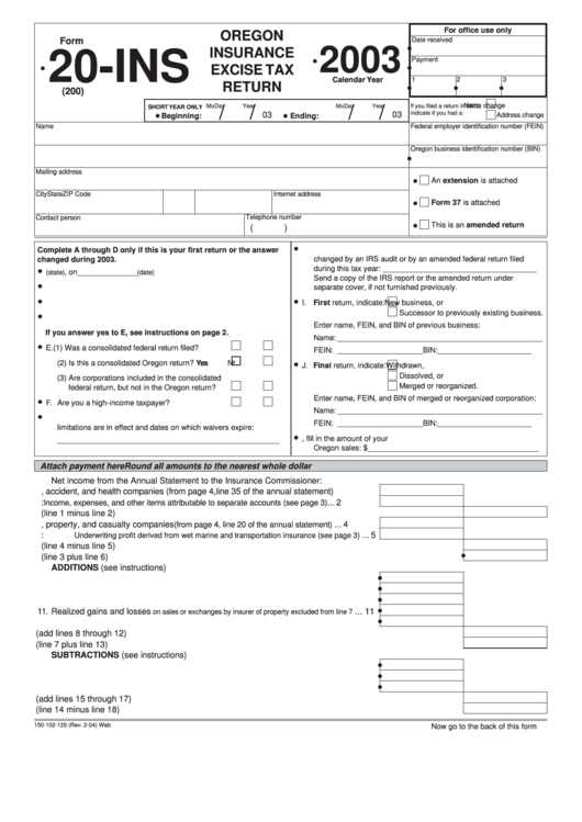 Form 20-Ins - Oregon Insurance Excise Tax Return - 2003 Printable pdf