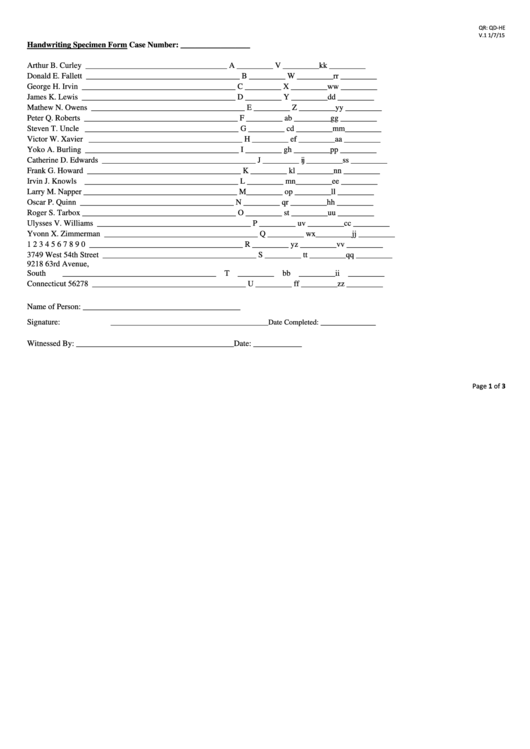 Handwriting Specimen Form Printable pdf