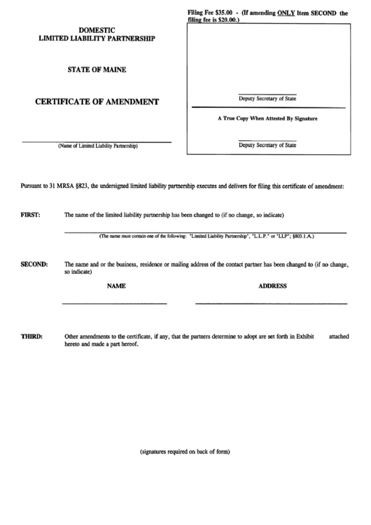 Form No. Mllp-9 - Certifica Te Of Amendment Printable pdf