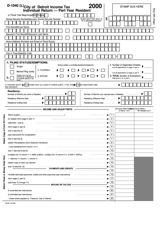 Form D-1040 (L) - City Of Detroit Income Tax Individual Return - Part Year Resident - 2000 Printable pdf
