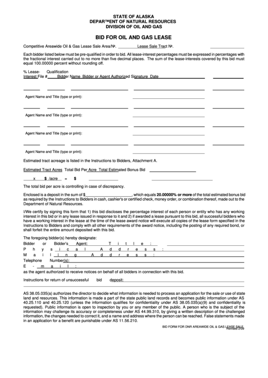 Bid For Oil And Gas Lease - Alaska Department Of Natural Resources Printable pdf