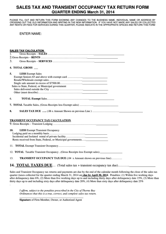 Sales Tax And Transient Occupancy Tax Return Form - City Of Thorne Bay - 2014 Printable pdf