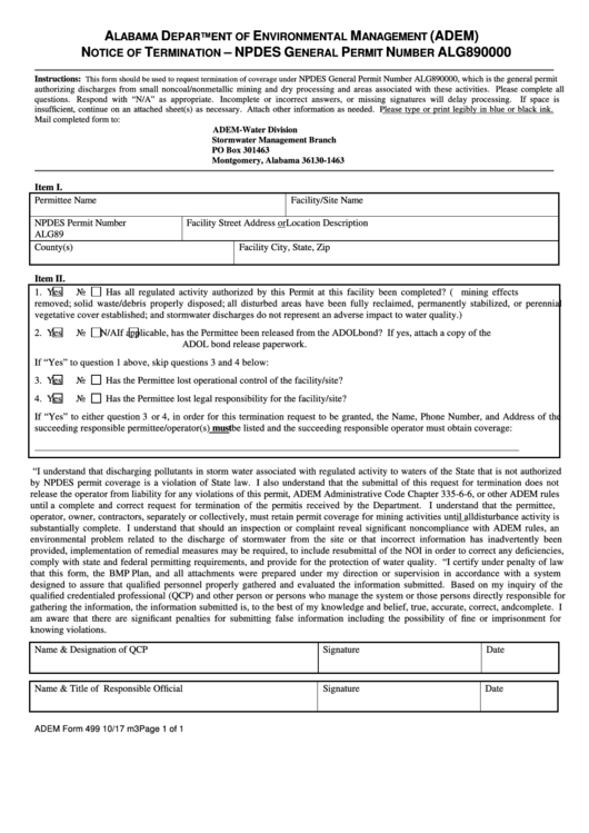 Adem Form 499 - Notice Of Termination - Npdes General Permit Number Alg890000