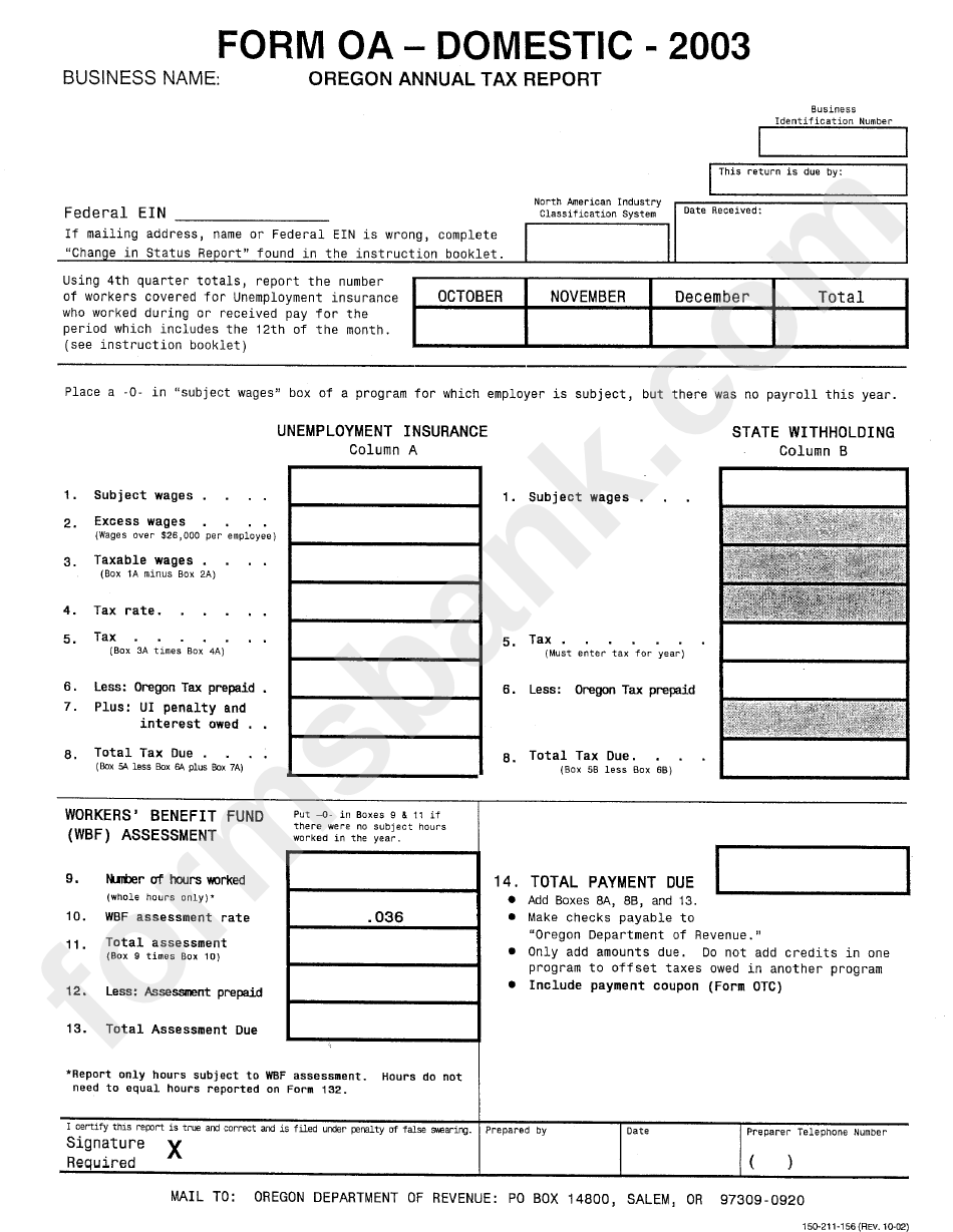 Form Oa-Domestic - Oregon Annual Tax Report - 2003