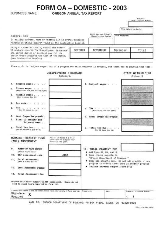 Form Oa-Domestic - Oregon Annual Tax Report - 2003 Printable pdf