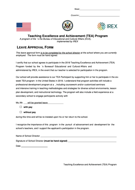 Fillable Leave Approval Form - Teaching Excellence And Achievement (Tea) Program Printable pdf
