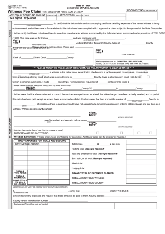 Fillable Form 73-316 - Witness Fee Claim - 2013 Printable pdf