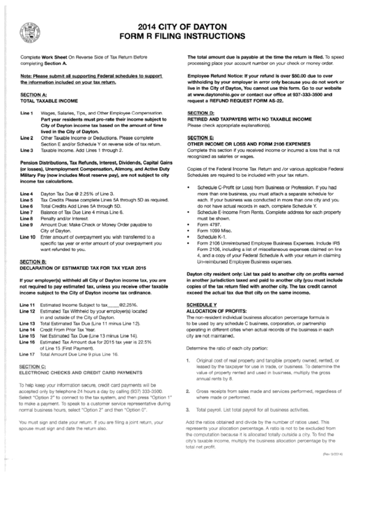 City Of Dayton Form R Filing Instructions - 2014 Printable pdf
