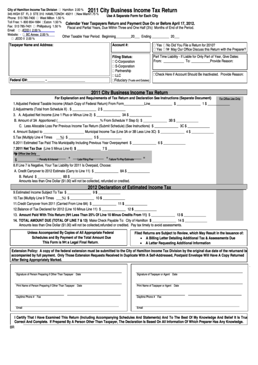 City Business Income Tax Return Form - City Of Hamilton - 2011 Printable pdf