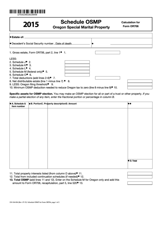 Fillable Form 150-104-004 - Schedule Osmp - Oregon Special Marital Property - 2015 Printable pdf