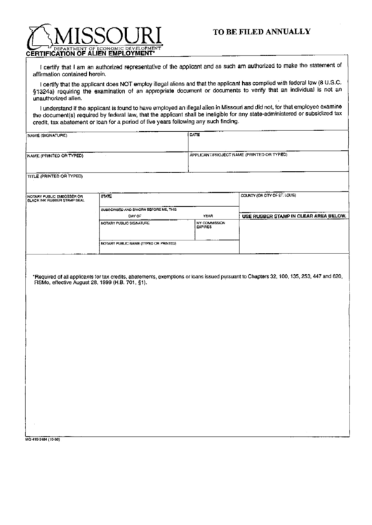 Certification Of Alien Employment - Missouri Department Of Economic Development Printable pdf