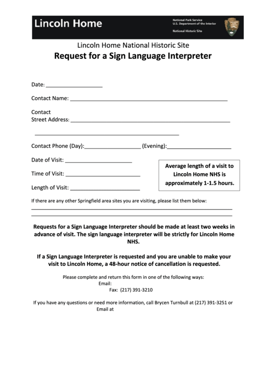Request For A Sign Language Interpreter - Lincoln Home National Historic Site Printable pdf