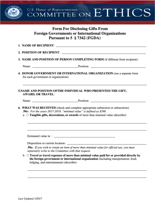 Fillable Form For Disclosing Gifts From Foreign Governments Or International Organizations - House Committee On Ethics Printable pdf