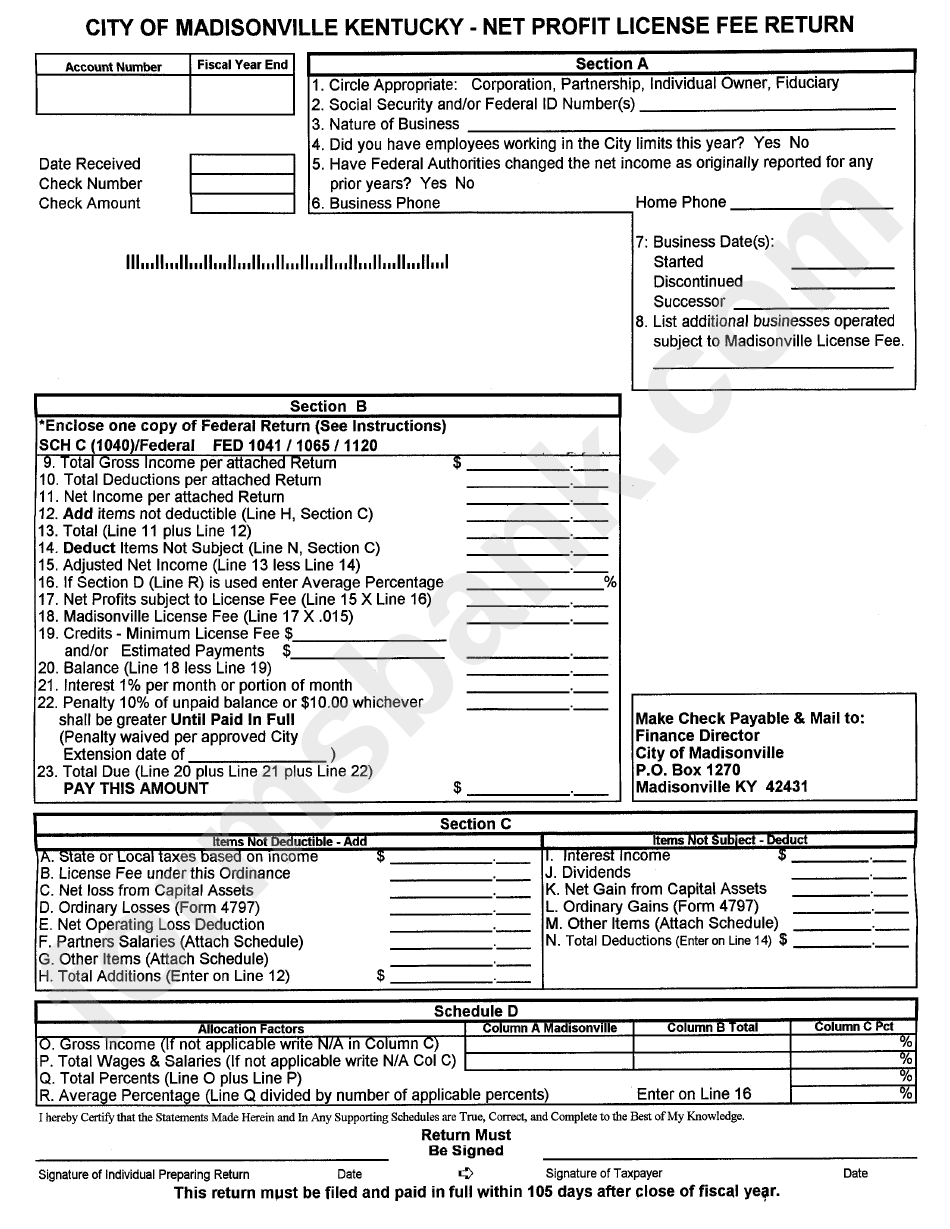 Net Profit License Fee Return - City Of Madisonville