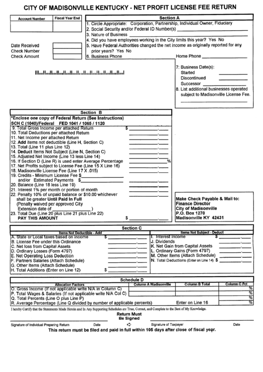 Net Profit License Fee Return - City Of Madisonville Printable pdf