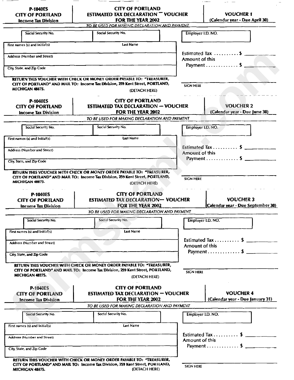 Form P-1040es - City Of Portland Estimated Tax Declaration Voucher - 2002