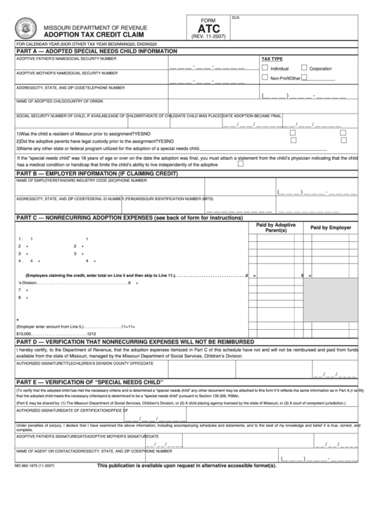 Fillable Form Atc - Adoption Tax Credit Claim Printable pdf